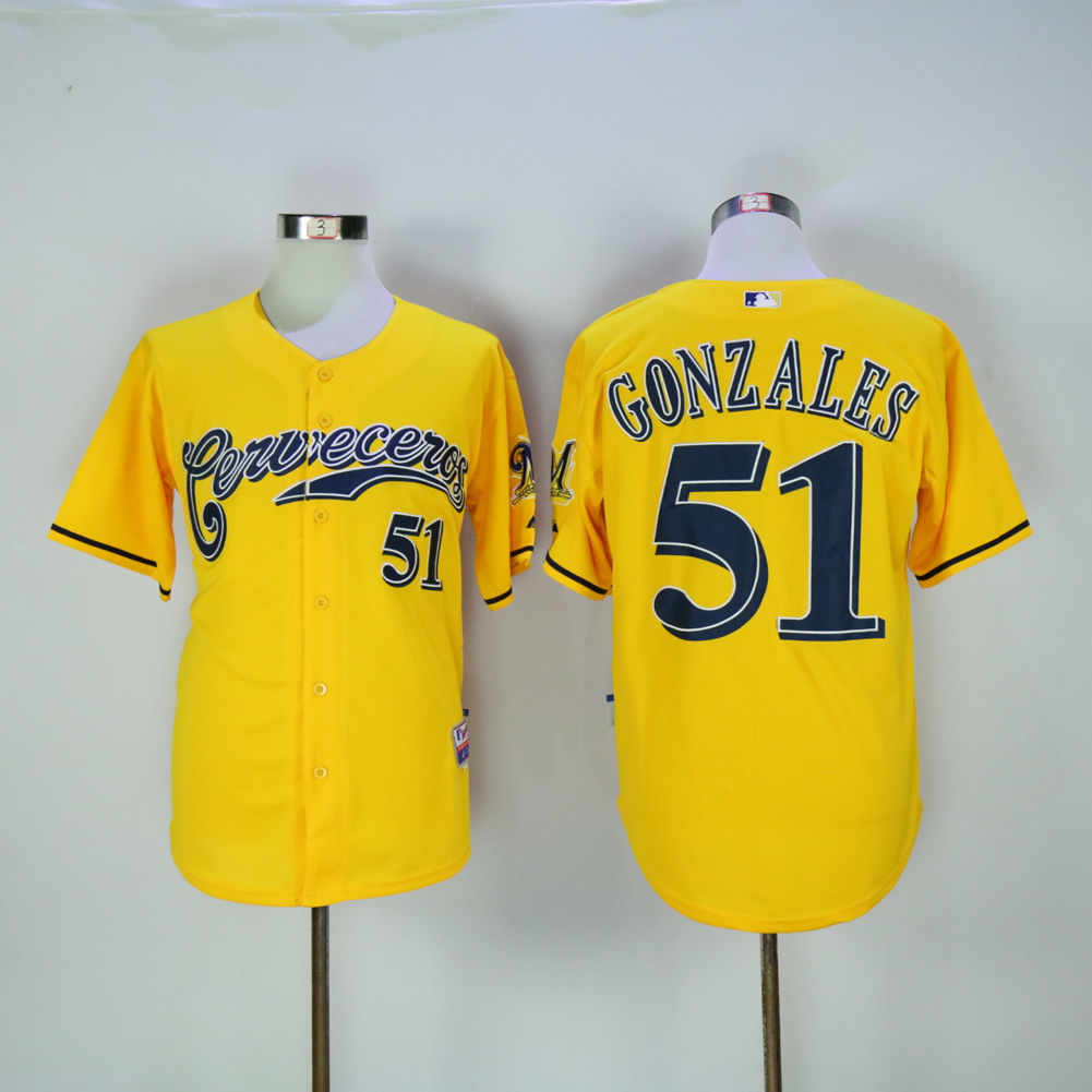 Men Milwaukee Brewers 51 Gonzales Yellow MLB Jerseys